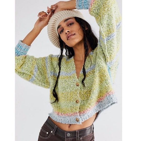 Free People Sweaters - Free People Pastel Green Multicolor Textured Button Cardigan